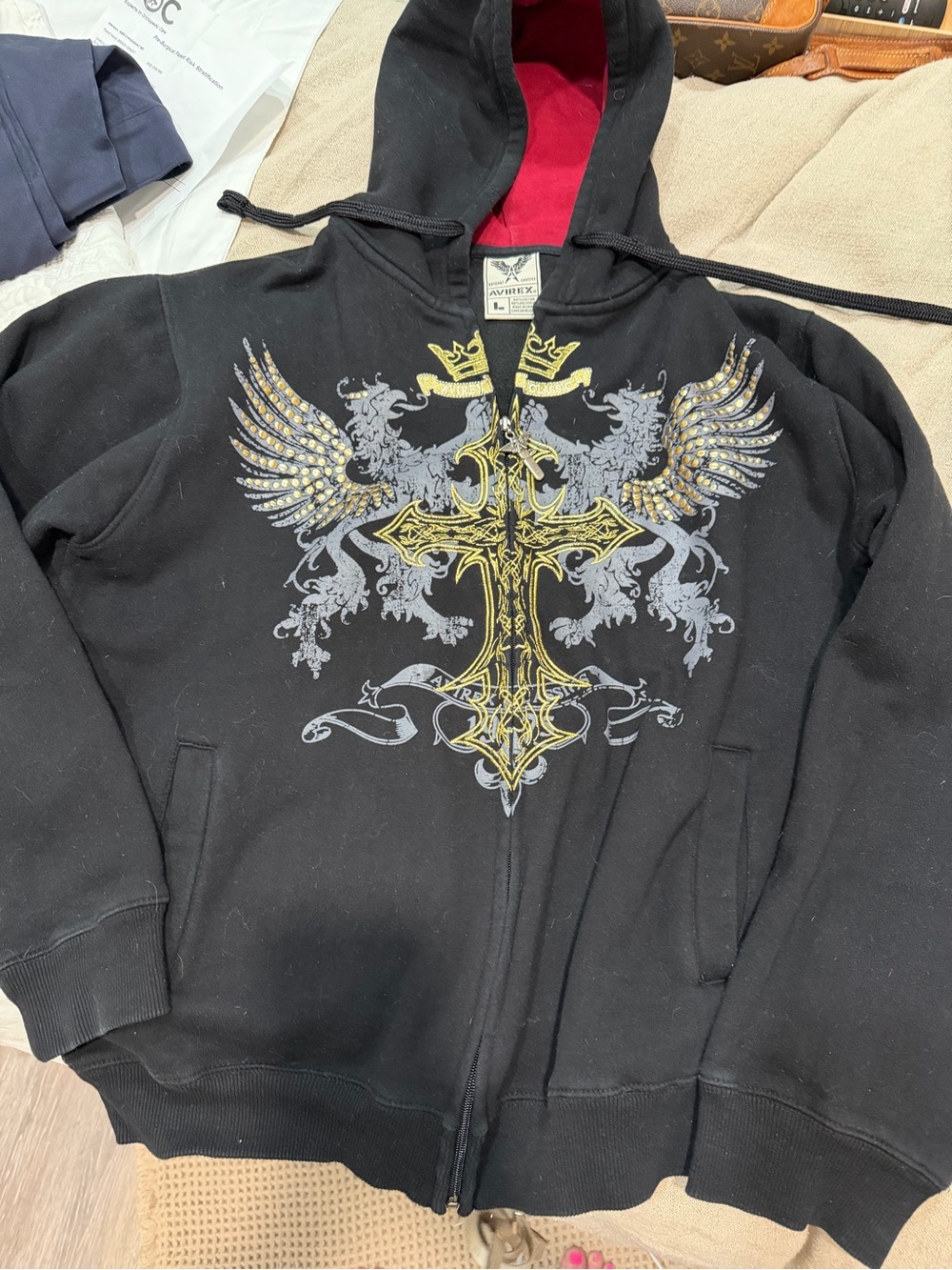 Avirex Black Zip Hoodie with Red Lined Hood and Gold Crest Embroidery